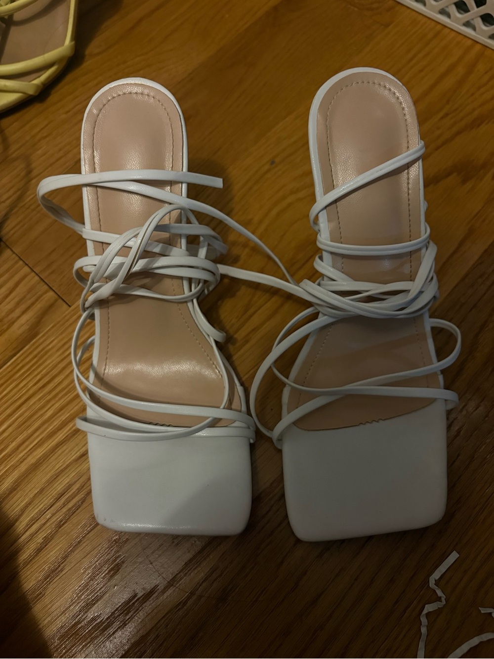 White Strappy Square-Toe Lace-Up Heeled Sandals
